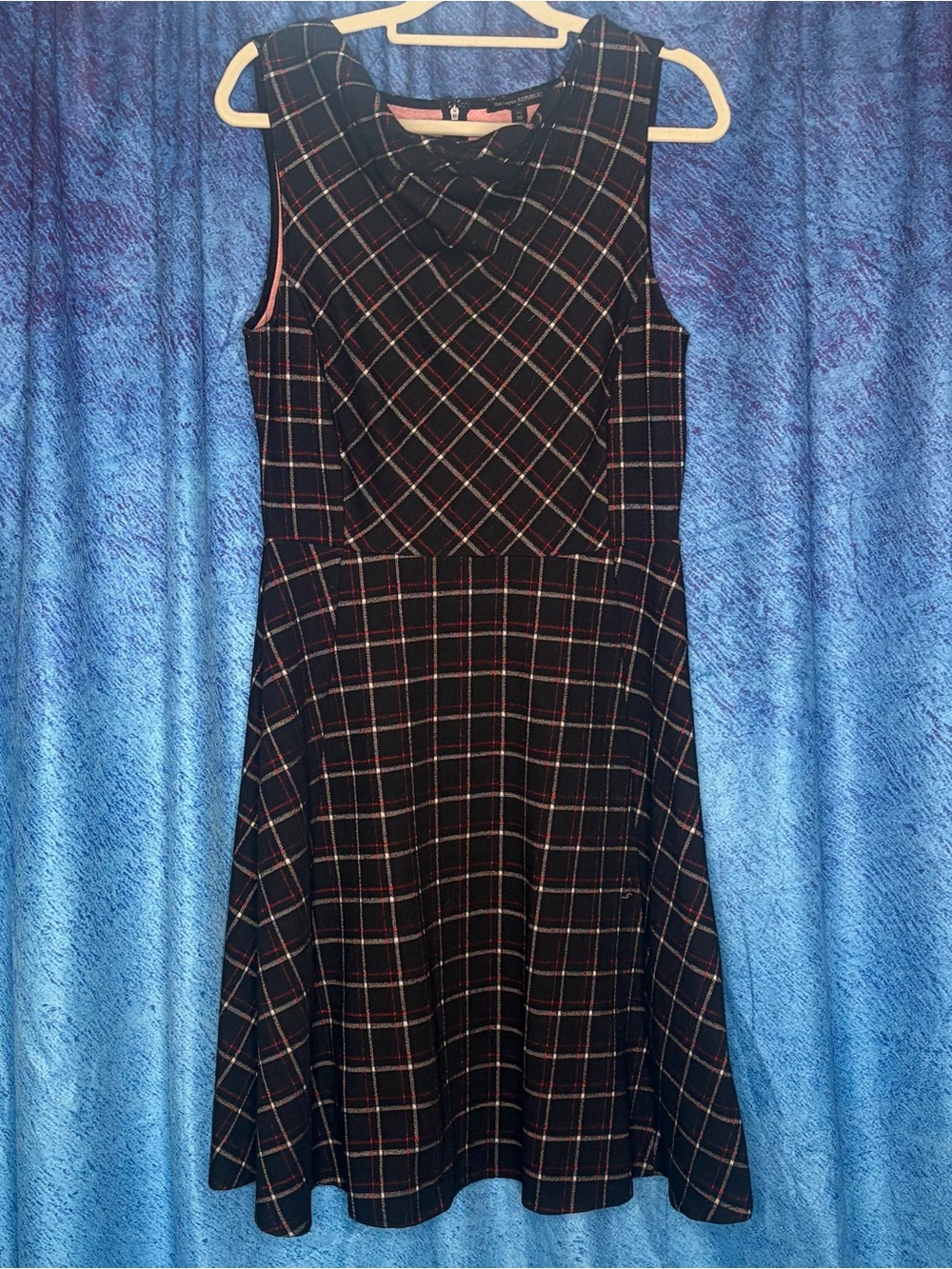 Banana Republic Black Plaid Midi Dress with Red Accents